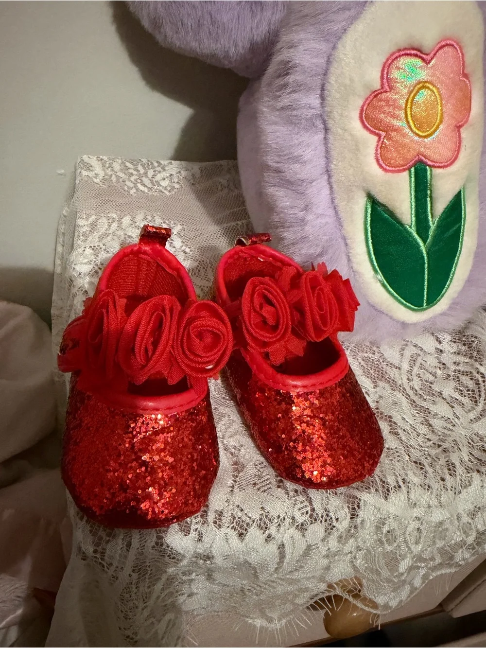Mary Jane Red Glitter Kids Dress Shoes with Hook-and-Loop Strap